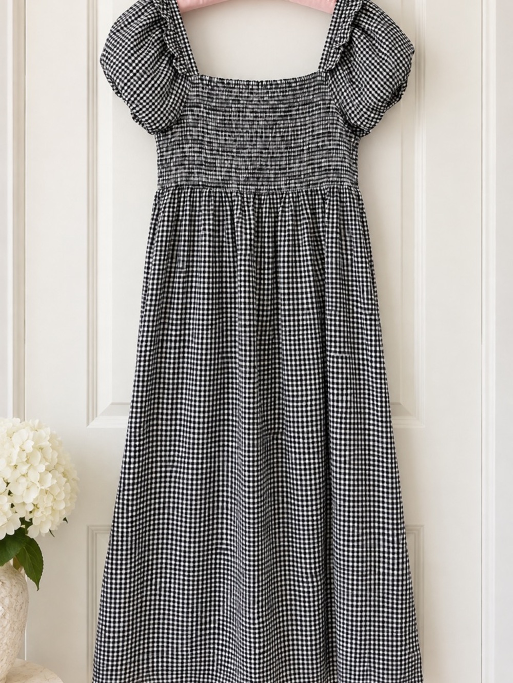 Wednesday’s Girl Gingham Smocked Puff Sleeve Maxi Dress Size L Cotton